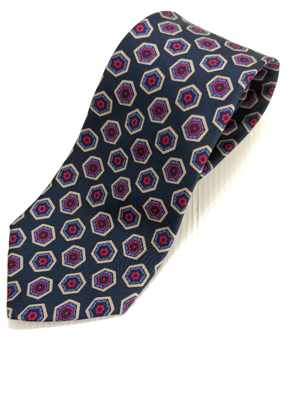 Yves Saint Laurent Vintage Silk Geometric Medallion Tie Navy Blue Red 3.5"